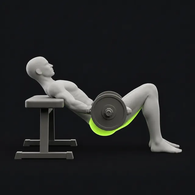 Hip thrust, hips lowered with the upper back on a bench